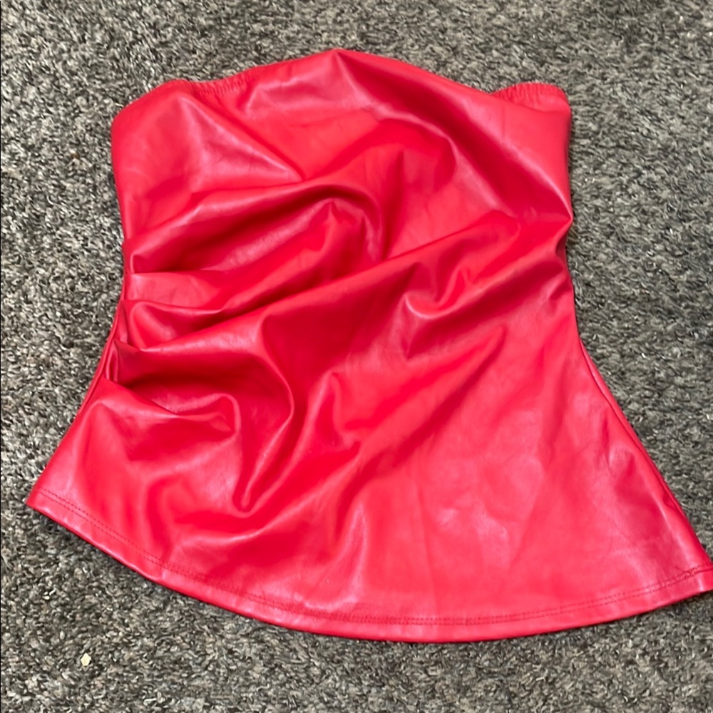 SHEIN Bold Red Faux Leather Strapless Crop Top